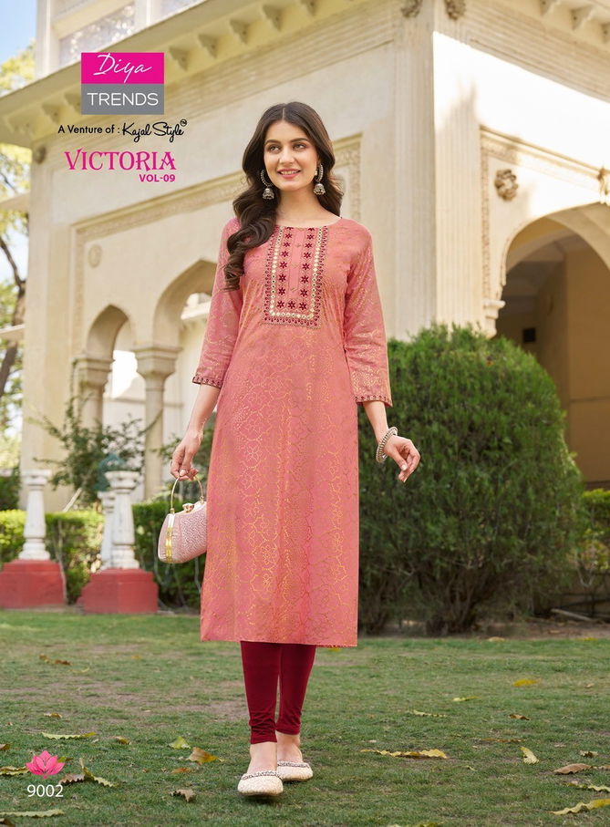 Victoria Vol 9 By Diya Rayon Foil Printed Kurtis Wholesale Shop In Surat
